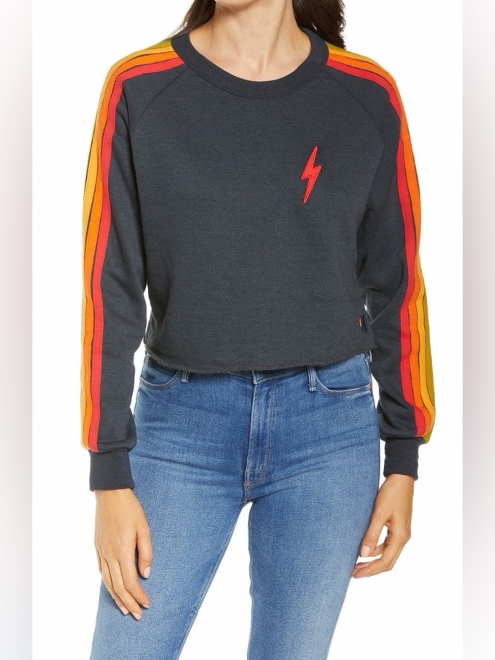 Aviator Nation Charcoal Cropped Sweatshirt with Red & Orange Stripes